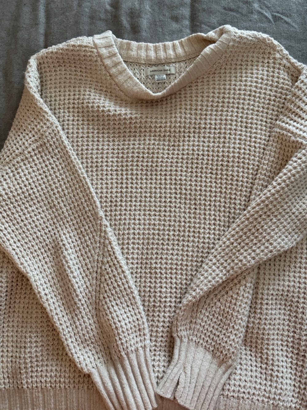 American Eagle Outfitters Cream Waffle-Knit Crewneck Sweater